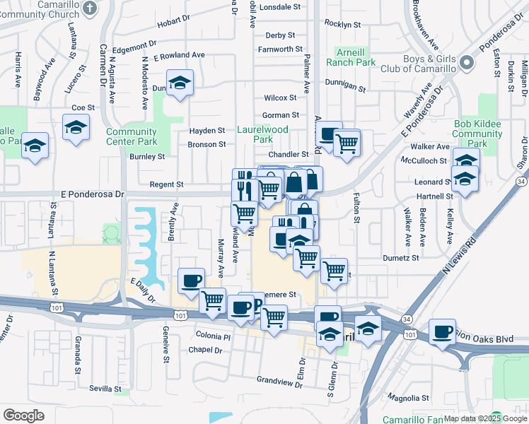 map of restaurants, bars, coffee shops, grocery stores, and more near 596 Mobil Avenue in Camarillo