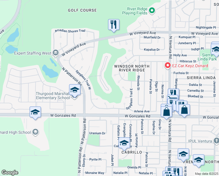 map of restaurants, bars, coffee shops, grocery stores, and more near 2110 Bermuda Dunes Place in Oxnard