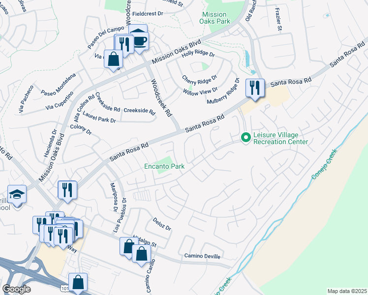 map of restaurants, bars, coffee shops, grocery stores, and more near 7408 Village 7 in Camarillo