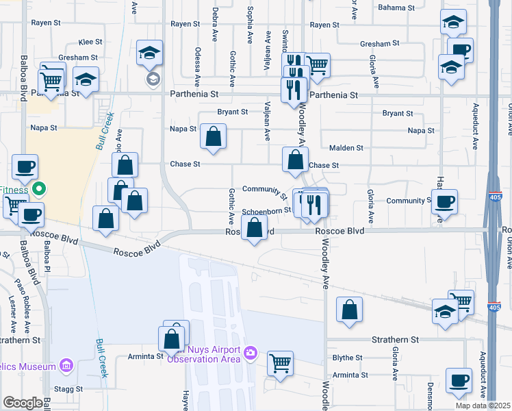 map of restaurants, bars, coffee shops, grocery stores, and more near 16317 Schoenborn St in Los Angeles