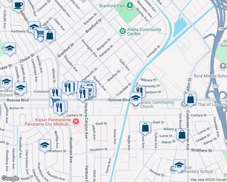map of restaurants, bars, coffee shops, grocery stores, and more near 13423 Truesdale Street in Los Angeles