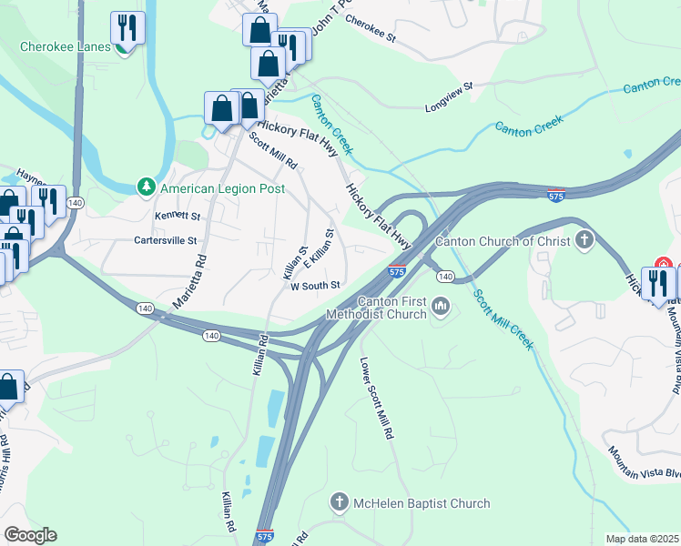 map of restaurants, bars, coffee shops, grocery stores, and more near 560 Scott Mill Road in Canton