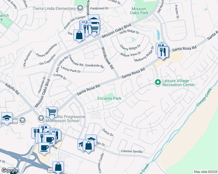 map of restaurants, bars, coffee shops, grocery stores, and more near 5169 Village 5 in Camarillo