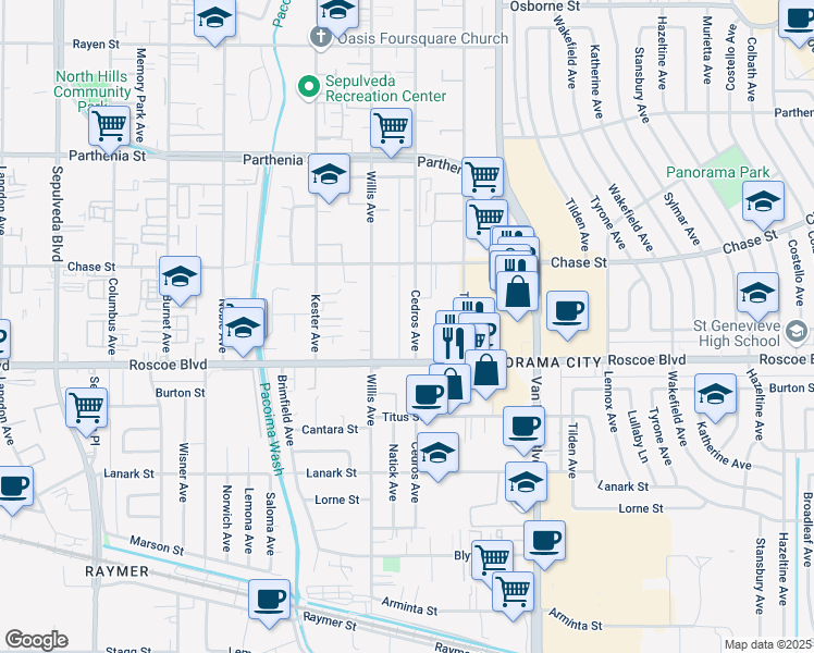 map of restaurants, bars, coffee shops, grocery stores, and more near 8331 Cedros Avenue in Los Angeles