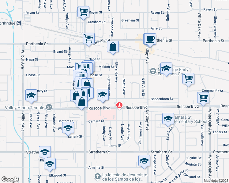 map of restaurants, bars, coffee shops, grocery stores, and more near 8360 Etiwanda Avenue in Los Angeles