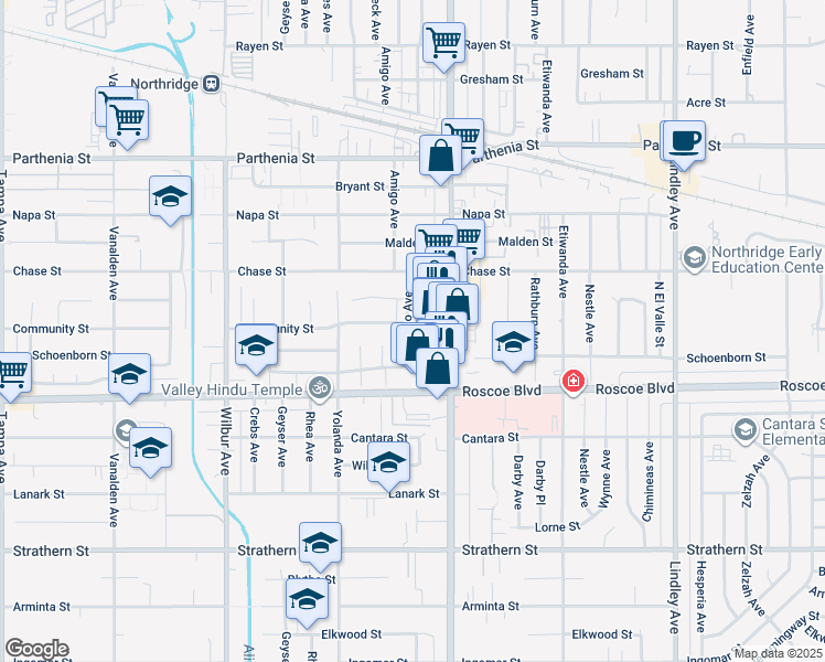 map of restaurants, bars, coffee shops, grocery stores, and more near 8356 Amigo Avenue in Los Angeles