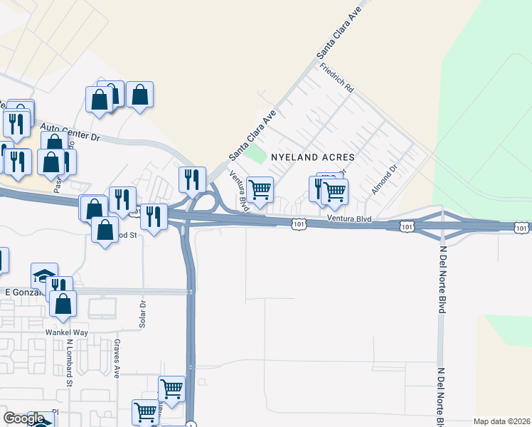 map of restaurants, bars, coffee shops, grocery stores, and more near 2691 Ventura Boulevard in Oxnard