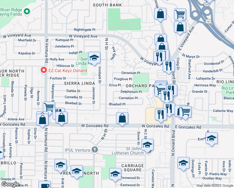 map of restaurants, bars, coffee shops, grocery stores, and more near 2061 Koala Place in Oxnard