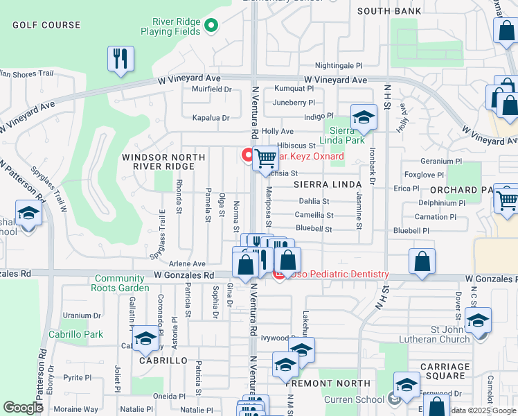 map of restaurants, bars, coffee shops, grocery stores, and more near 2056 North Ventura Road in Oxnard