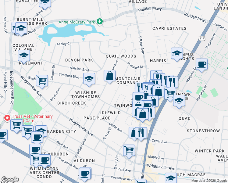 map of restaurants, bars, coffee shops, grocery stores, and more near 734 Montclair Drive in Wilmington