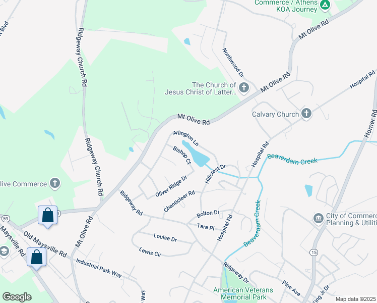 map of restaurants, bars, coffee shops, grocery stores, and more near 542 Bishop Court in Commerce
