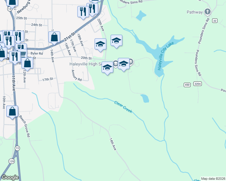 map of restaurants, bars, coffee shops, grocery stores, and more near 2001 20th Street in Haleyville