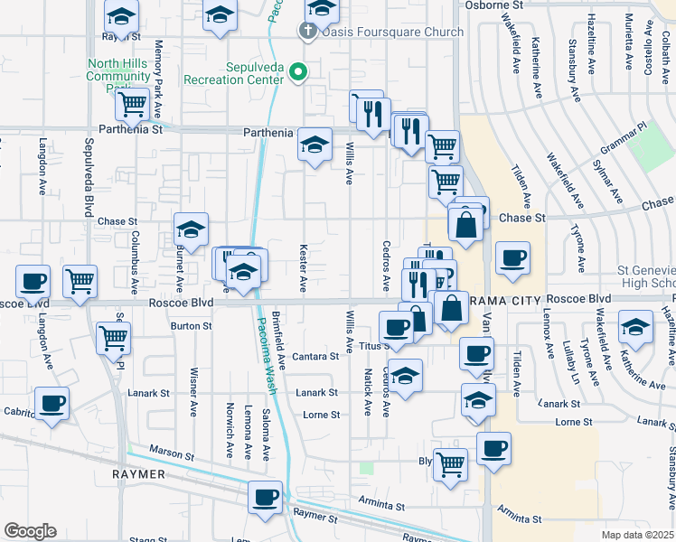 map of restaurants, bars, coffee shops, grocery stores, and more near 8335 Willis Avenue in Los Angeles
