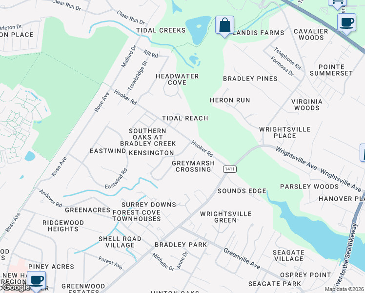 map of restaurants, bars, coffee shops, grocery stores, and more near 6131 Dorsett Place in Wilmington