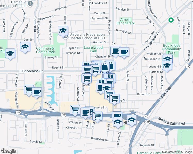 map of restaurants, bars, coffee shops, grocery stores, and more near 2105 Pickwick Drive in Camarillo