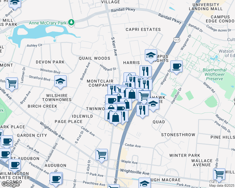 map of restaurants, bars, coffee shops, grocery stores, and more near 766 South Kerr Avenue in Wilmington