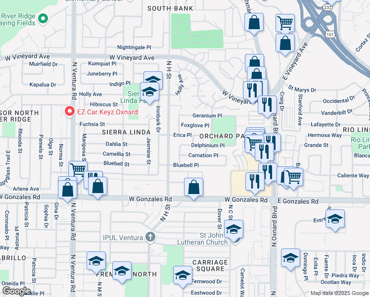 map of restaurants, bars, coffee shops, grocery stores, and more near 2061 Koala Place in Oxnard