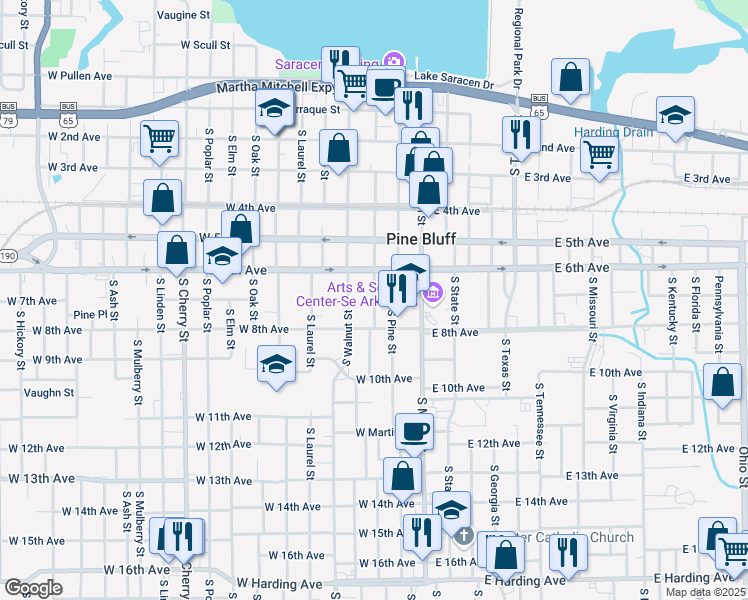 map of restaurants, bars, coffee shops, grocery stores, and more near 706 South Chestnut Street in Pine Bluff