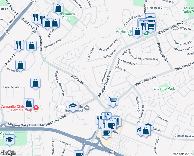map of restaurants, bars, coffee shops, grocery stores, and more near 680 Hillcrest Drive in Camarillo