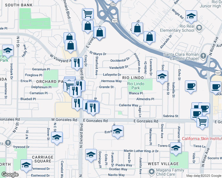 map of restaurants, bars, coffee shops, grocery stores, and more near 518 Grande Street in Oxnard