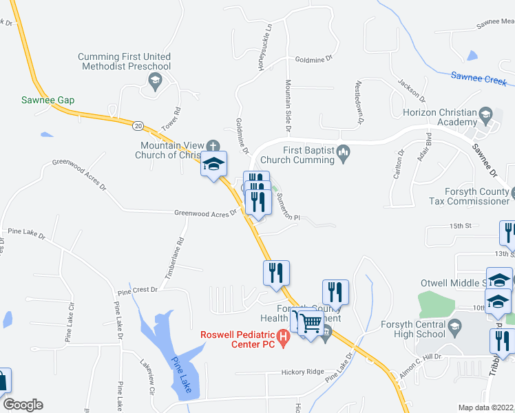 map of restaurants, bars, coffee shops, grocery stores, and more near 535 Canton Rd in Cumming