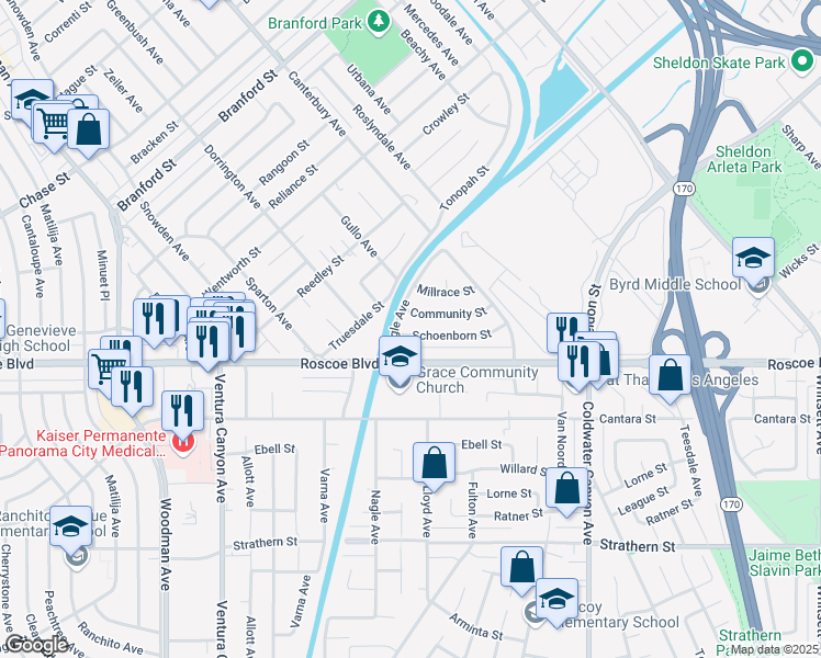 map of restaurants, bars, coffee shops, grocery stores, and more near 13229 Schoenborn Street in Los Angeles
