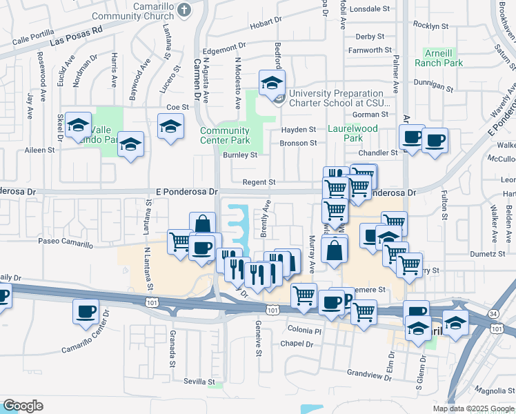 map of restaurants, bars, coffee shops, grocery stores, and more near 630 Chapala Drive in Camarillo