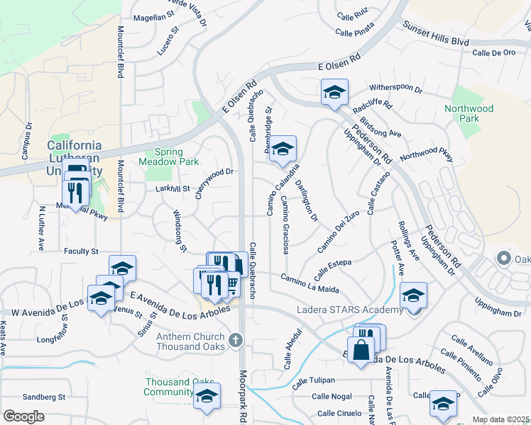 map of restaurants, bars, coffee shops, grocery stores, and more near 3038 Calle Quebracho in Thousand Oaks