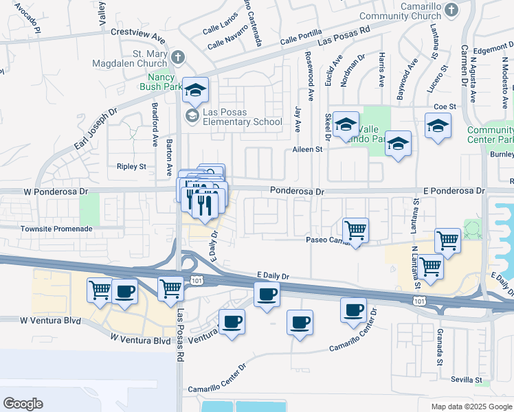 map of restaurants, bars, coffee shops, grocery stores, and more near 652 Paseo De Cortaga in Camarillo