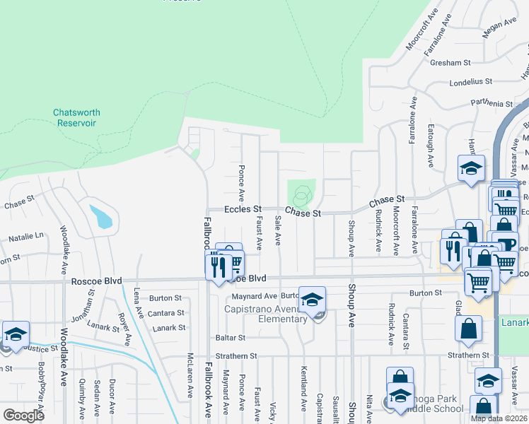 map of restaurants, bars, coffee shops, grocery stores, and more near 8390 Faust Avenue in Los Angeles