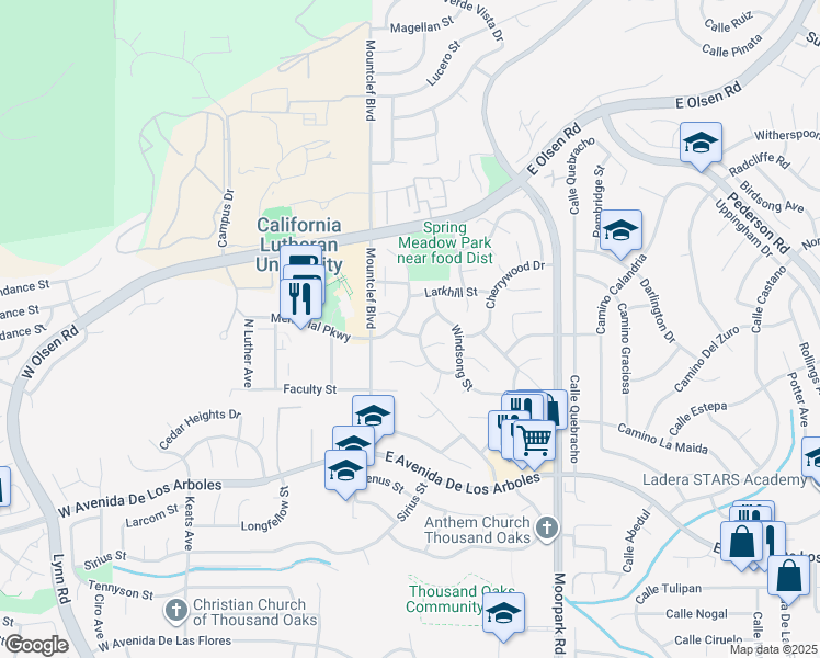 map of restaurants, bars, coffee shops, grocery stores, and more near 99 Springdale Court in Thousand Oaks