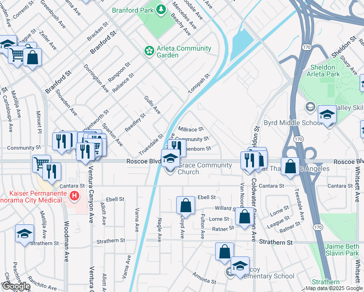 map of restaurants, bars, coffee shops, grocery stores, and more near 13200 Schoenborn Street in Los Angeles