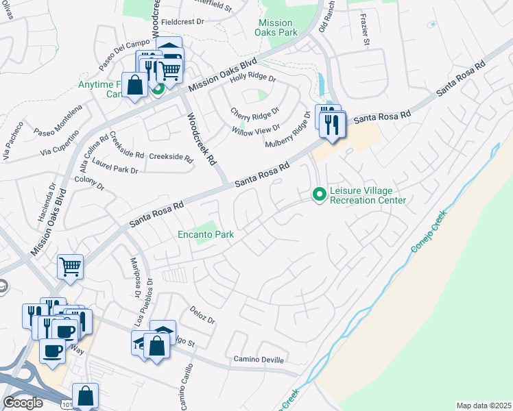 map of restaurants, bars, coffee shops, grocery stores, and more near 7415 Village 7 in Camarillo