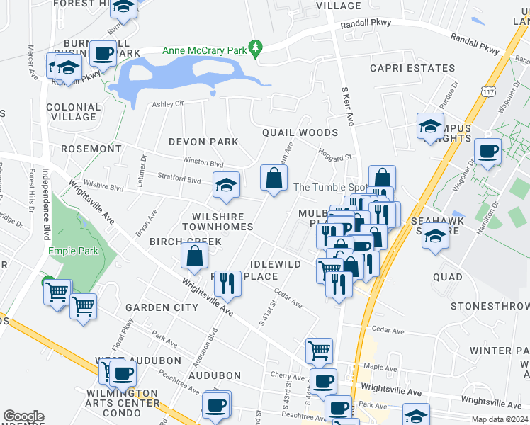 map of restaurants, bars, coffee shops, grocery stores, and more near 811 Bonham Avenue in Wilmington