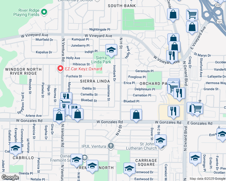 map of restaurants, bars, coffee shops, grocery stores, and more near 2065 Ironbark Drive in Oxnard