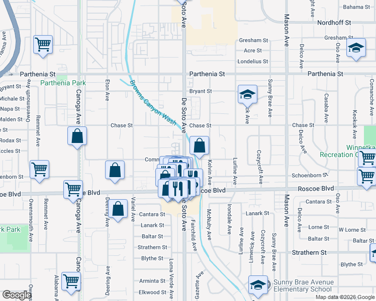 map of restaurants, bars, coffee shops, grocery stores, and more near 20851 Community Street in Los Angeles