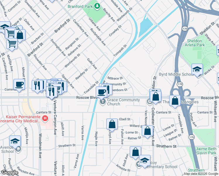 map of restaurants, bars, coffee shops, grocery stores, and more near 13200 Schoenborn Street in Los Angeles