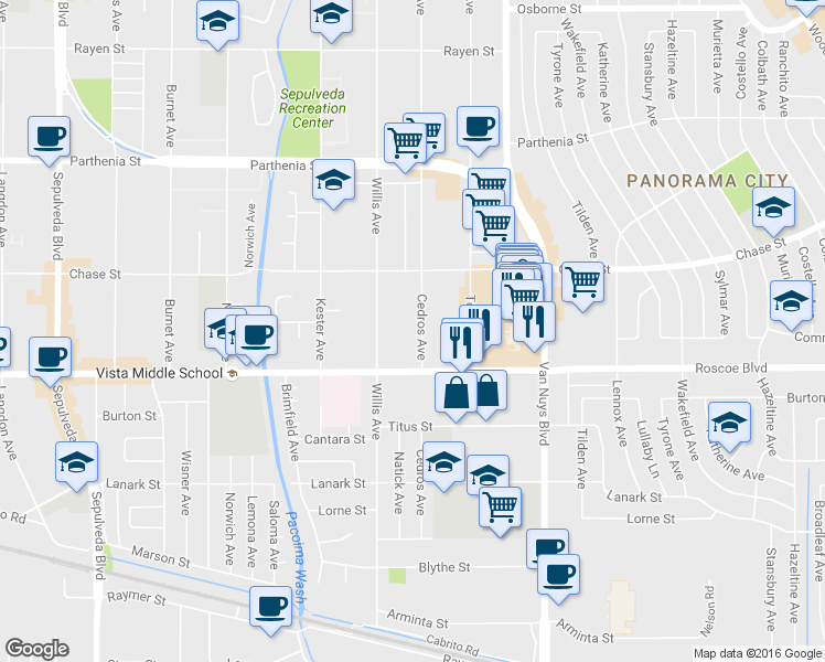 map of restaurants, bars, coffee shops, grocery stores, and more near 8331 Cedros Avenue in Los Angeles