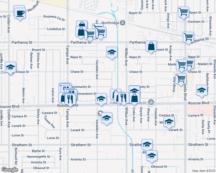 map of restaurants, bars, coffee shops, grocery stores, and more near 19022 Community Street in Los Angeles