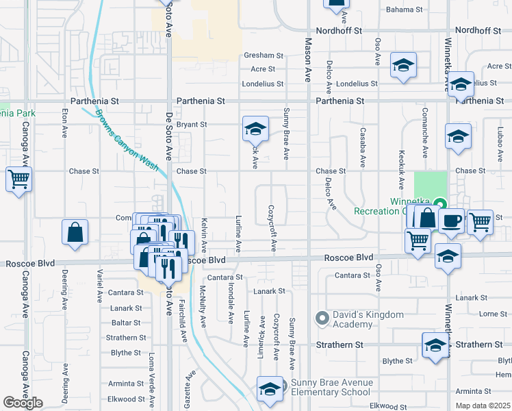 map of restaurants, bars, coffee shops, grocery stores, and more near 8401 Cozycroft Avenue in Los Angeles
