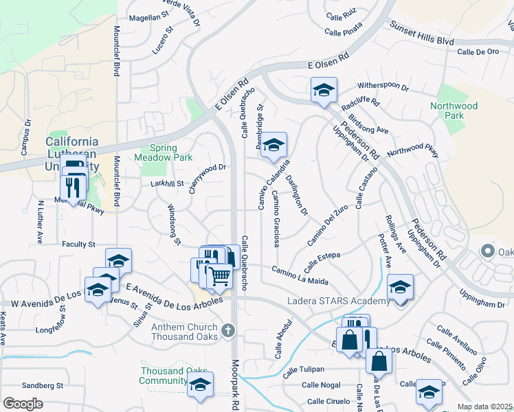 map of restaurants, bars, coffee shops, grocery stores, and more near 3038 Calle Quebracho in Thousand Oaks