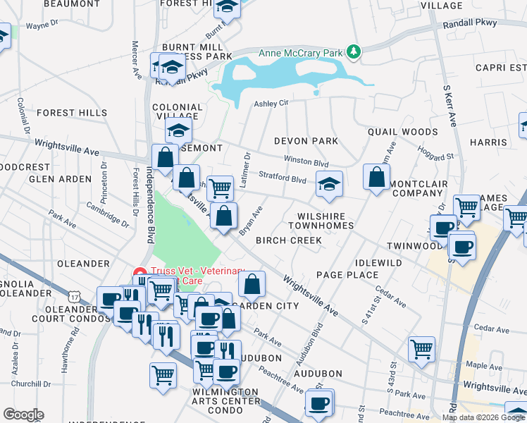 map of restaurants, bars, coffee shops, grocery stores, and more near 1001 Bryan Avenue in Wilmington