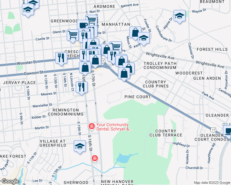 map of restaurants, bars, coffee shops, grocery stores, and more near 1201-1299 Columbus Cir in Wilmington