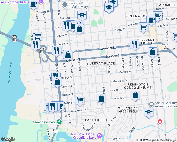 map of restaurants, bars, coffee shops, grocery stores, and more near 1017 South 7th Street in Wilmington