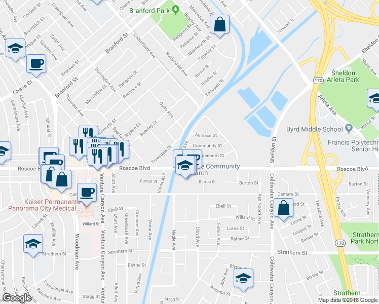 map of restaurants, bars, coffee shops, grocery stores, and more near 13229 Schoenborn Street in Los Angeles