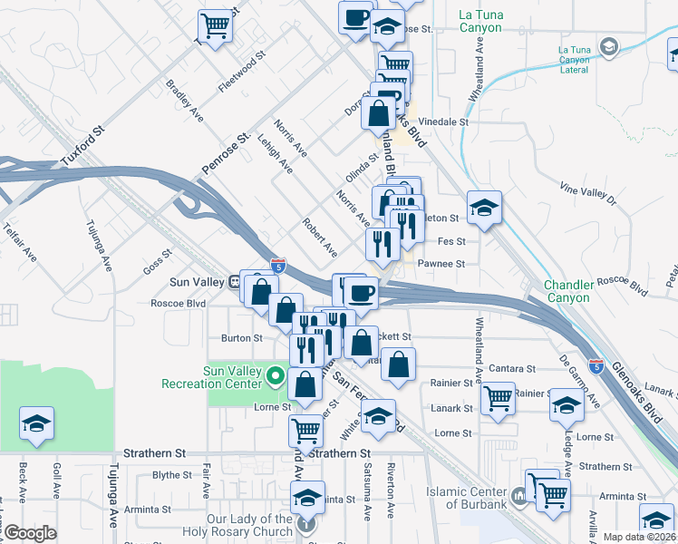 map of restaurants, bars, coffee shops, grocery stores, and more near 10938 Nettleton Street in Los Angeles