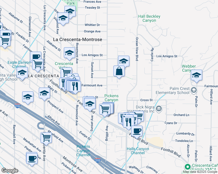 map of restaurants, bars, coffee shops, grocery stores, and more near 4642 Briggs Avenue in La Crescenta-Montrose