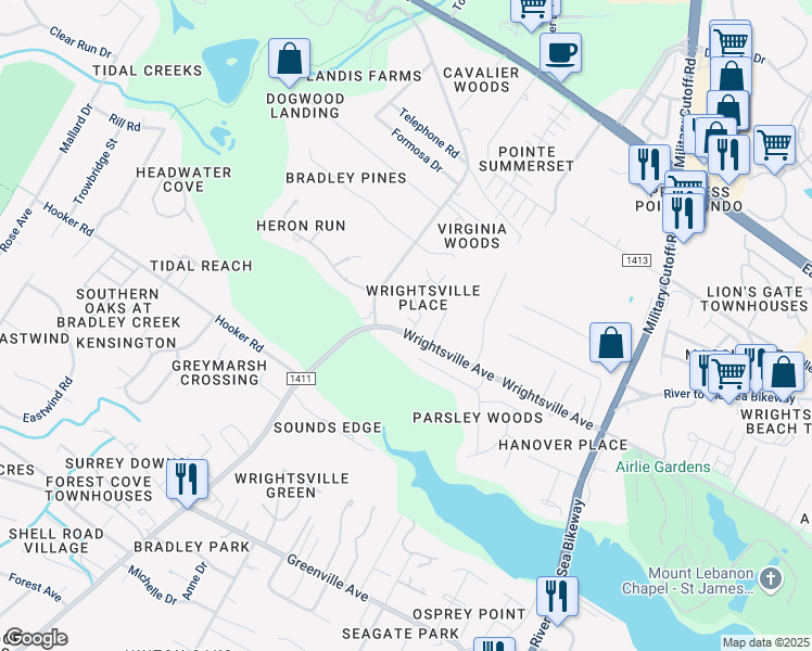 map of restaurants, bars, coffee shops, grocery stores, and more near 6208 Wrightsville Avenue in Wilmington