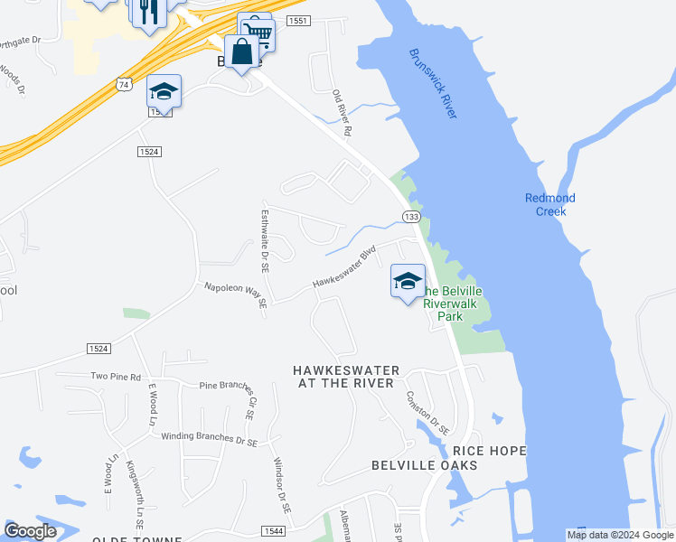map of restaurants, bars, coffee shops, grocery stores, and more near 10202 Hawkeswater Boulevard in Leland