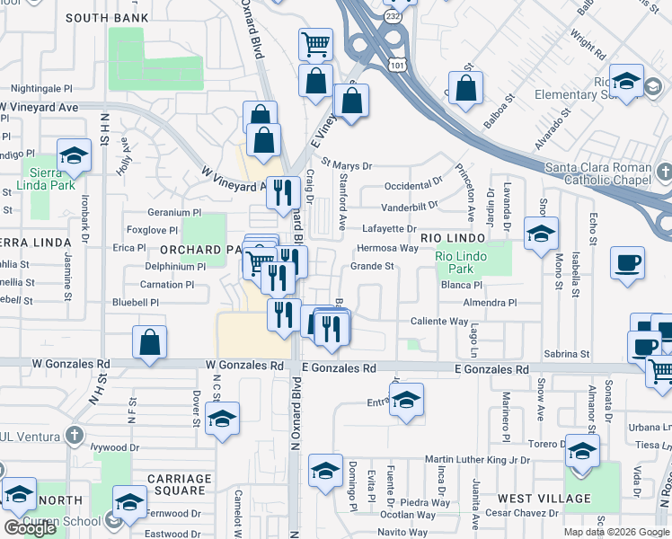 map of restaurants, bars, coffee shops, grocery stores, and more near 2108 Avila Place in Oxnard